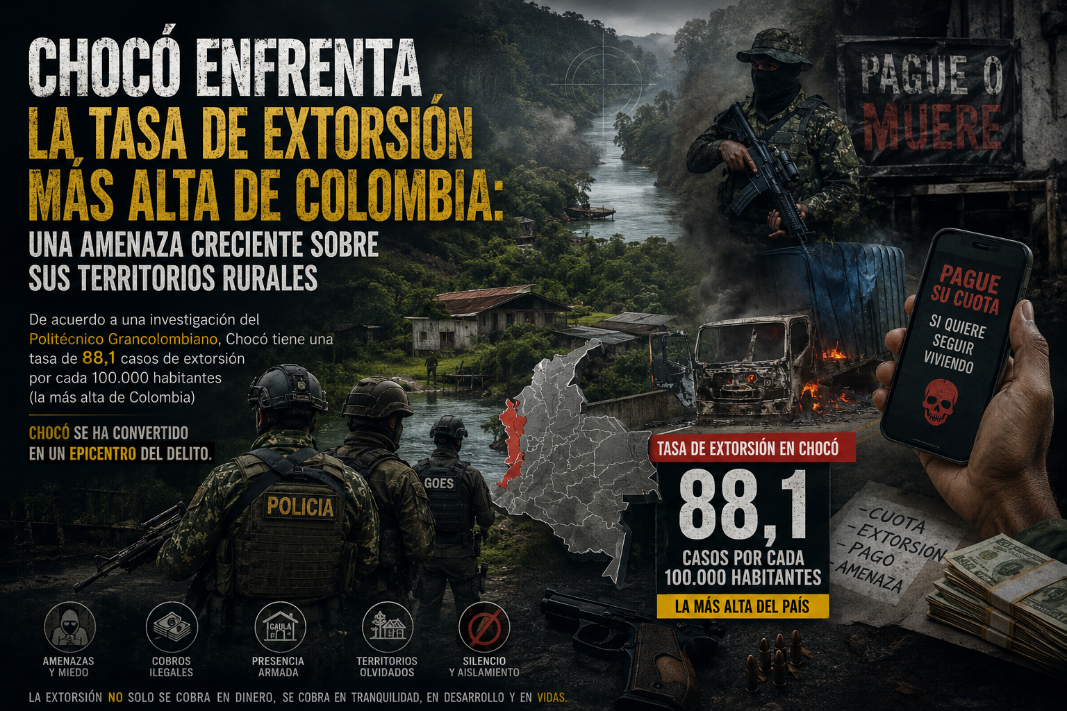 Chocó enfrenta la tasa de extorsión más alta de Colombia: una amenaza creciente sobre sus territorios rurales